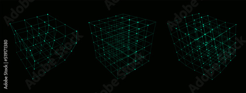 Set of deformed wireframe cube from different sides. Vector abstract geometric 3D objects. Technology block chain network connection.