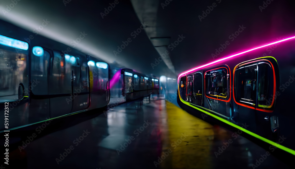 Obraz premium Modern neon background. Underground modern metro, night metro. Reflection of neon light. Wet asphalt. 3D illustration.
