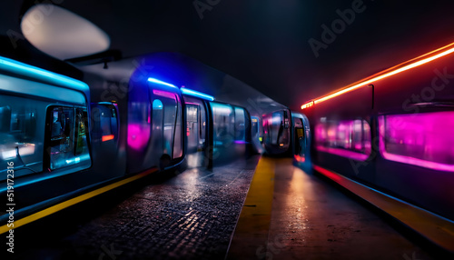 Modern neon background. Underground modern metro, night metro. Reflection of neon light. Wet asphalt. 3D illustration.