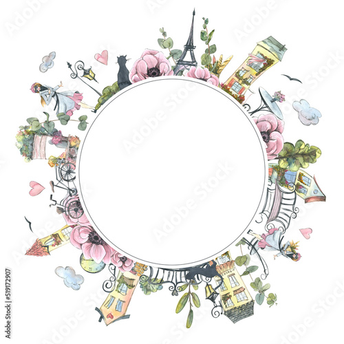 Photography Round frame with Parisian streets, Eiffel tower, flowers and greenery