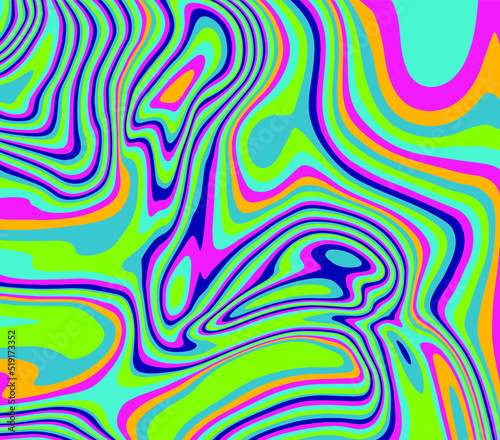 The 1970s-style wavy retro background in a psychedelic bright acidic colors.
