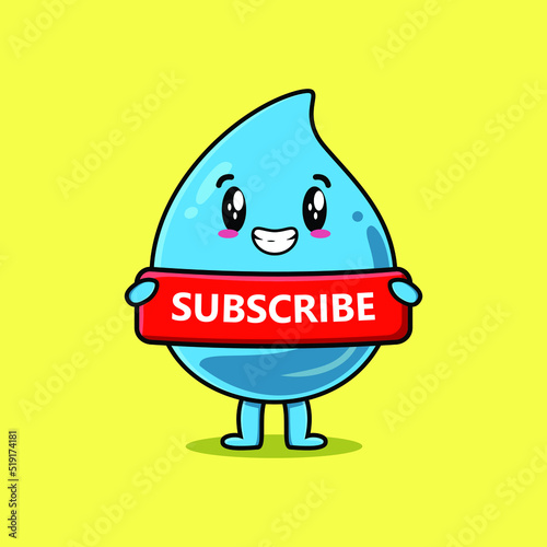 Cute cartoon water drop character holding red subscribe board