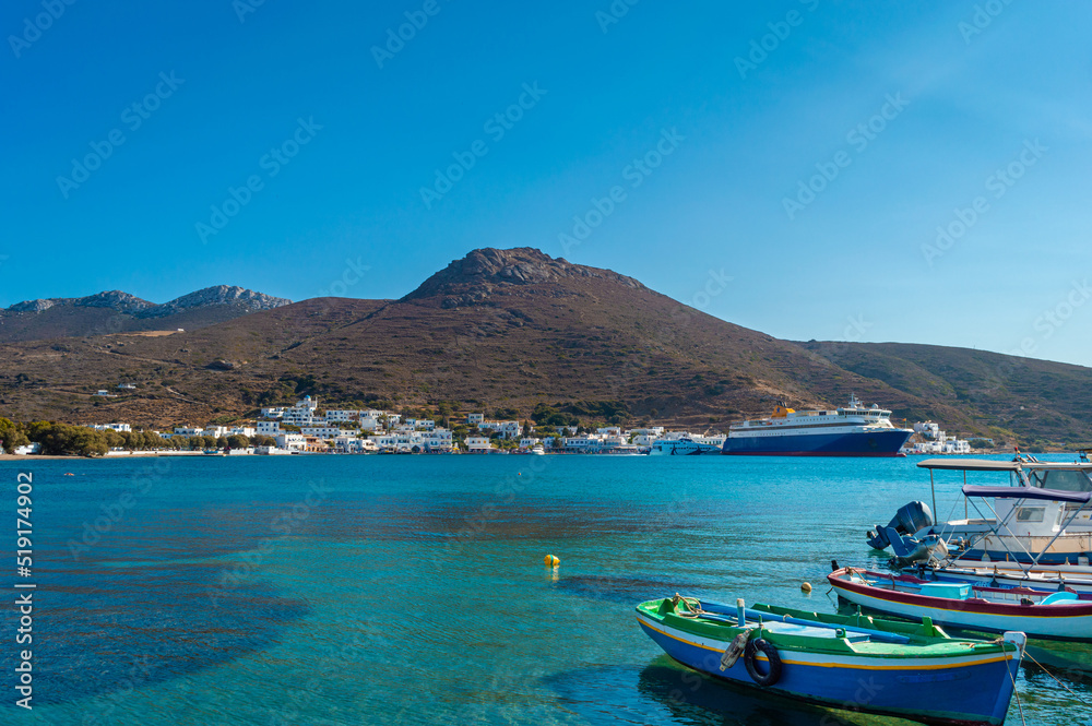 traditional fishing boats in Katapola port, Amorgos island, Greece