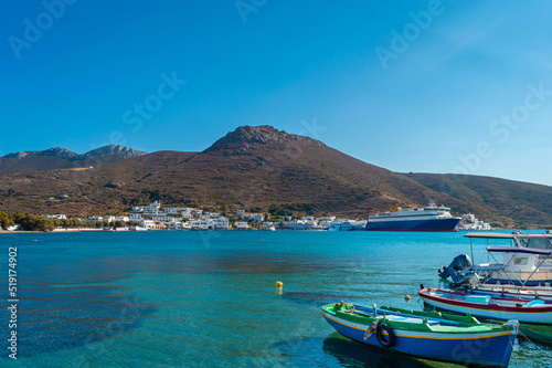 traditional fishing boats in Katapola port, Amorgos island, Greece