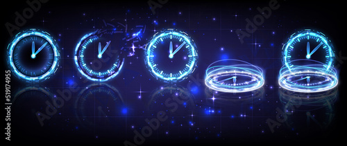 Time machine, fade, timer and deadline. Sci-fi digital time collection in glowing HUD elements clock. Hologram portal of science futuristic technology. Magic warp gate in game fantasy. Teleport podium
