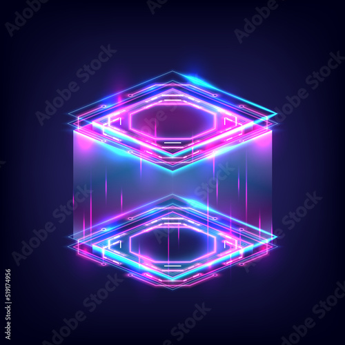 HUD energy box. Smart code. Big data. Digital chip. Glow 3D cubes. CPU core. Abstract technology. Futuristic hi-tech . Blockchain network. Cyberpunk box. Pink and blue neon lights