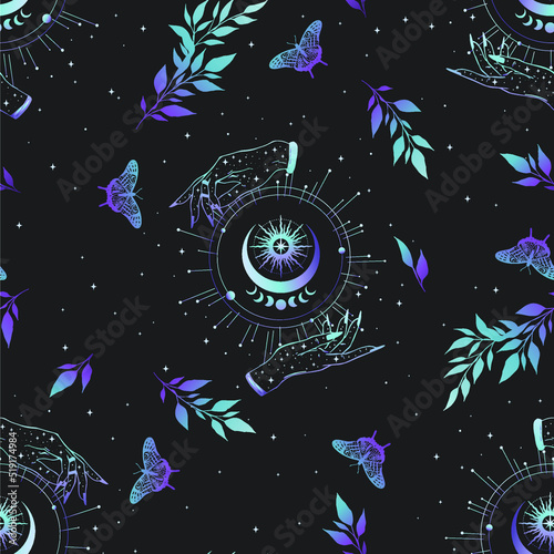 Magic vector illustration of hands and moon in violet colors. For print for T-shirts and bags, decor element. Mystical and magical, astrology pattern