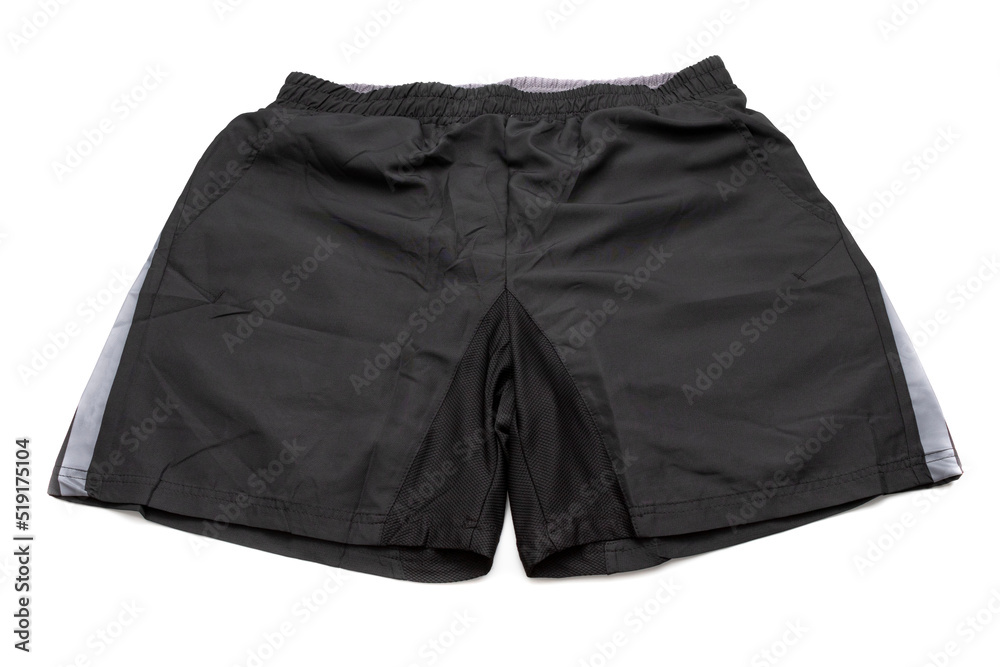 Black sports shorts isolated with white background. Concept of comfortable clothing. Black sports shorts isolated with white background. Concept of comfortable clothing.