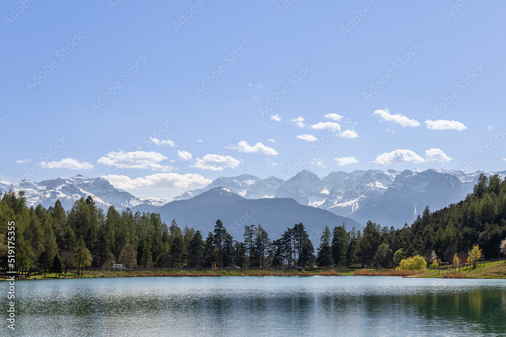 Lake Coredo surface, green forest and alpine mountain peaks covered with snow and ice on a clear spring day, Trentino, Italy