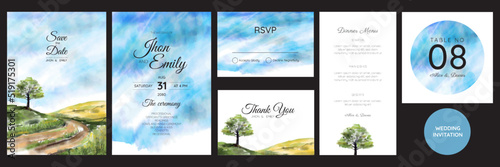 wedding invitation with mountain view watercolor background	