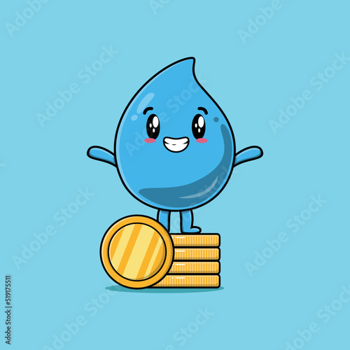 Cute cartoon water drop character standing in stacked gold coin vector illustration