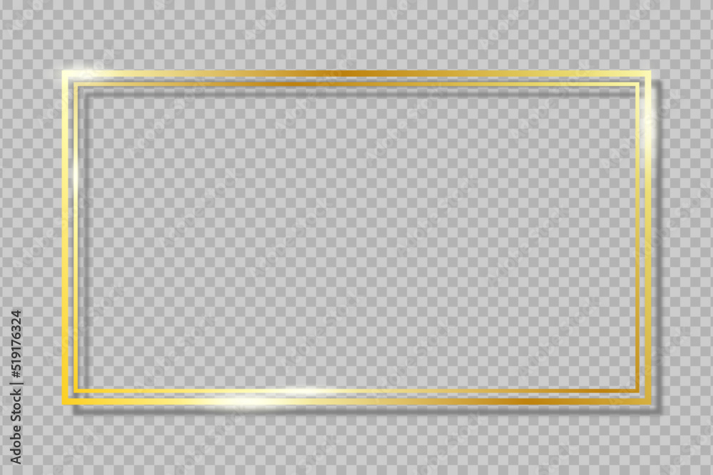 Double golden frame on transparent background with shadow. Gold rectangle dual border with glow