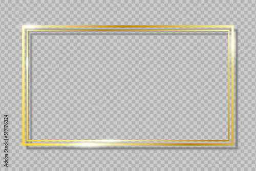 Double golden frame on transparent background with shadow. Gold rectangle dual border with glow shine and light effect. Vector illustration.