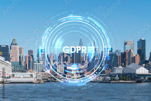 New York City skyline from New Jersey over the Hudson River towards Midtown Manhattan at day time. GDPR hologram, concept of data protection, regulation and privacy for all individuals