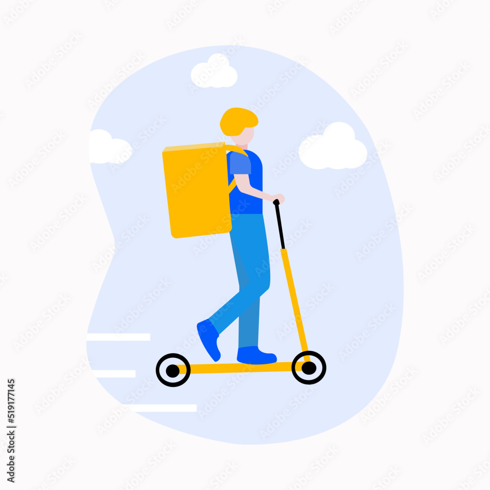 Food delivery concept. Courier with backpack riding on scooter and delivering food order. Vector EPS 10 illustration.