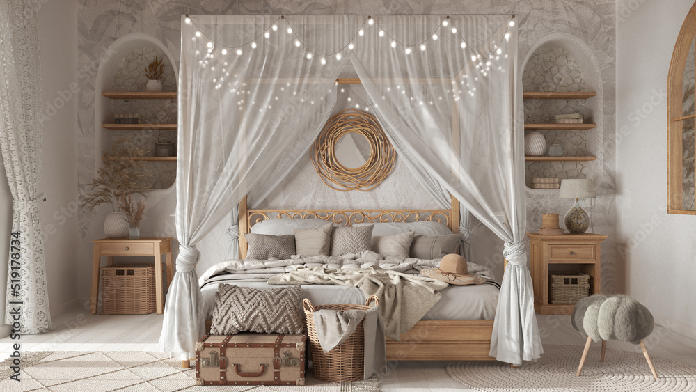 Bohemian bedroom with canopy bed in white and beige tones. Parquet