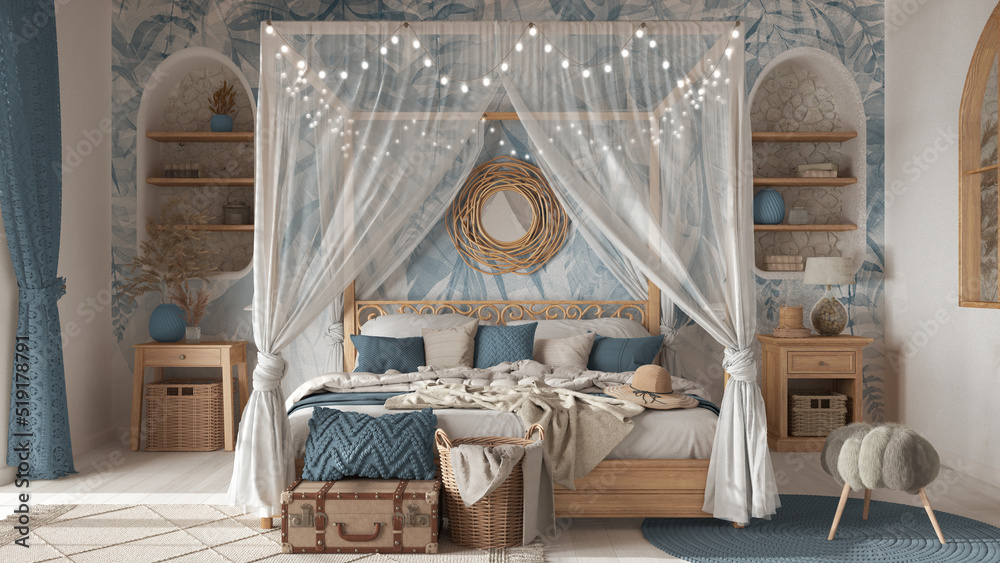 Bohemian bedroom with canopy bed in white and blue tones. Parquet, natural wallpaper and ethnic carpets. Rattan and wooden furniture. Boho style interior design - obrazy, fototapety, plakaty 
