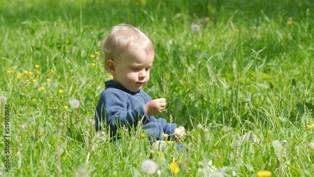 Happy kid playing on green grass on a sunny day, 1.5 year old child in the park in summer. Happy kid playing on green grass on a sunny day, 1.5 year old child in the park in summer.