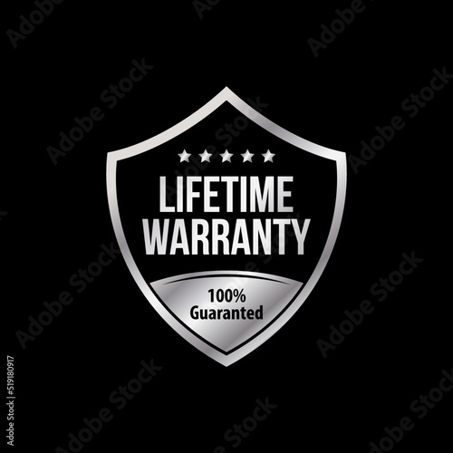 lifetime warranty shield silver icon, logo and badge for business product