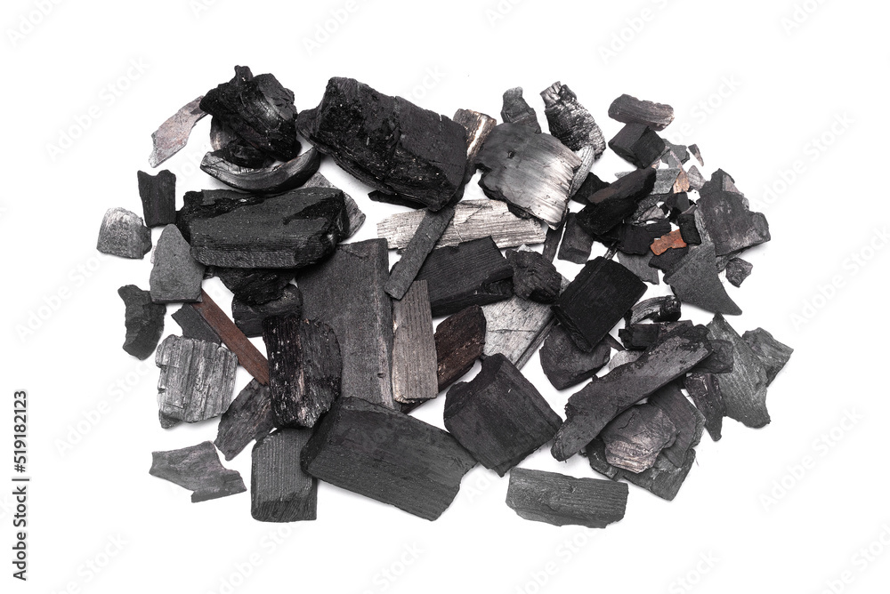 Pile of coals isolated on the white background top view.
