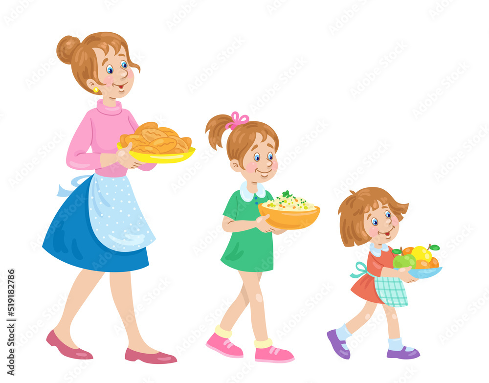 Young mother and two daughters carry plates of food. In cartoon style. Isolated on white background. Vector illustration. Young mother and two daughters carry plates of food. In cartoon style. Isolated on white background. Vector illustration.