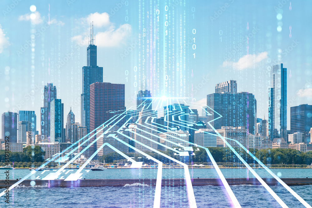 Obraz premium City view, downtown skyscrapers, Chicago skyline panorama, Lake Michigan, harbor area, daytime, Illinois, USA. Artificial Intelligence concept. AI, machine learning, neural network, robotics. Hologram