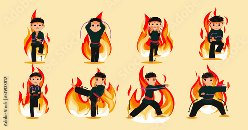 boy in pencak silat pose with fire background