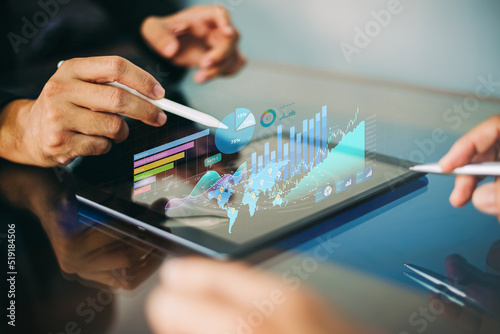 Business ai analysis big data screen and economic growth with financial graph. Concept of virtual dashboard technology digital visualization of marketing and global economy network. 3D illustration. photo