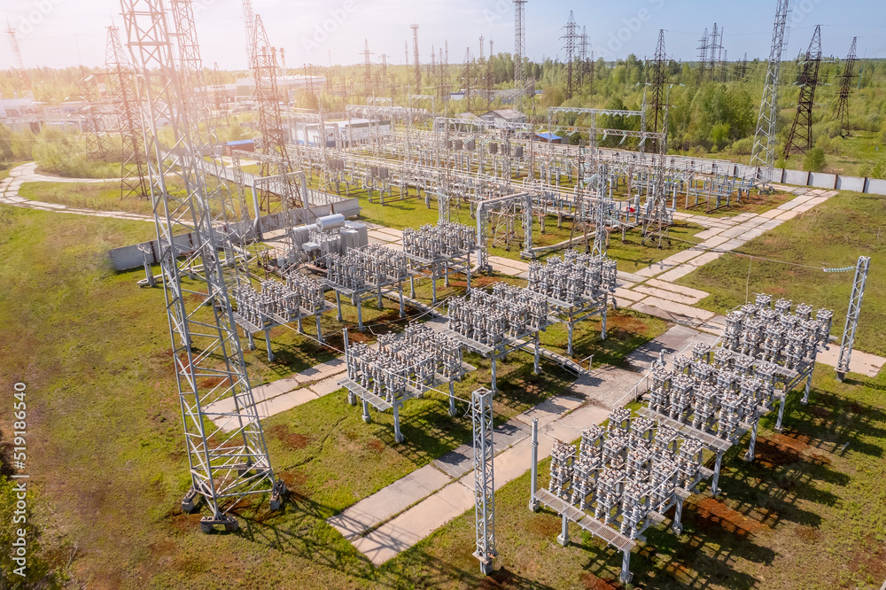 Concept Industry control inspections electric power station electricity high voltage transmission tower. Aerial drone top view