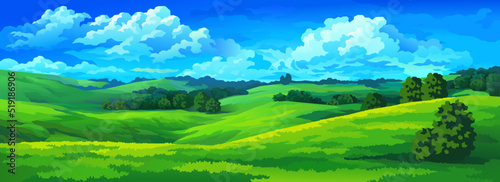 Vector landscape. Blue sky with white clouds and green hills, separated  by ravines.