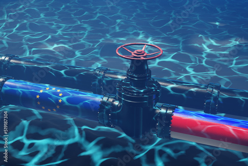 Underwater natural gas pipelines between Russia and Europe. Illustration of the conflict of energy supply between Russia and European Union.