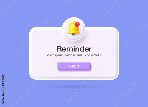Notifications page. Reminder 3D Illustration,  Business planning, events, reminder and timetable. 3d vector Illustration