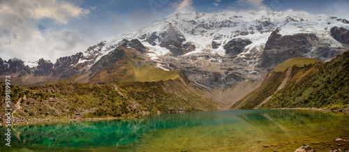 The lagoon is located near the Salkantay snow-capped mountain in the Andes Mountains of Cusco  Peru
