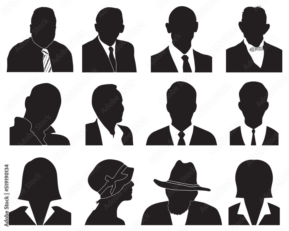 Set of black silhouettes of portraits on a white background Set of black silhouettes of portraits on a white background