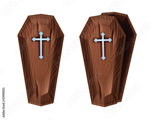 Halloween wooden coffin vector icon, cartoon spooky cemetery box, metal cross, open lid on white. Old ancient vampire timber tomb casket, scary traditional container. Wooden coffin funeral clipart