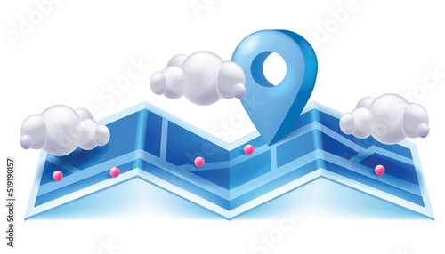 3D GPS locator pin, paper city map, infographic store pictogram, vector navigate location sign. Delivery destination concept, position mark icon, tracking mobile app clipart. Blue GPS locator badge