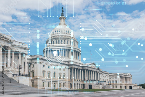 Capitol dome building exterior, Washington DC, USA. Home of Congress and Capitol Hill. American political system. The concept of cyber security to protect confidential information, padlock hologram