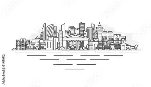 Mariupol city, Ukraine architecture line skyline illustration. Linear vector Kiev cityscape with famous landmarks, city sights, design icons. Landscape with editable strokes.