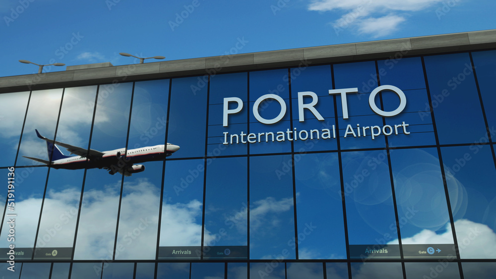 Φωτογραφία Airplane landing at Porto Portugal airport mirrored in terminal