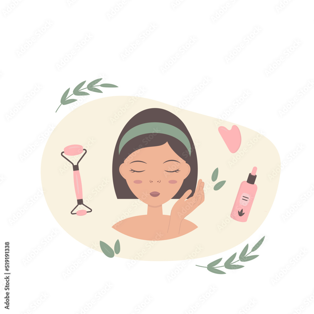 Skincare concept. Young woman doing facial massage with gua sha, skin roller and serum.