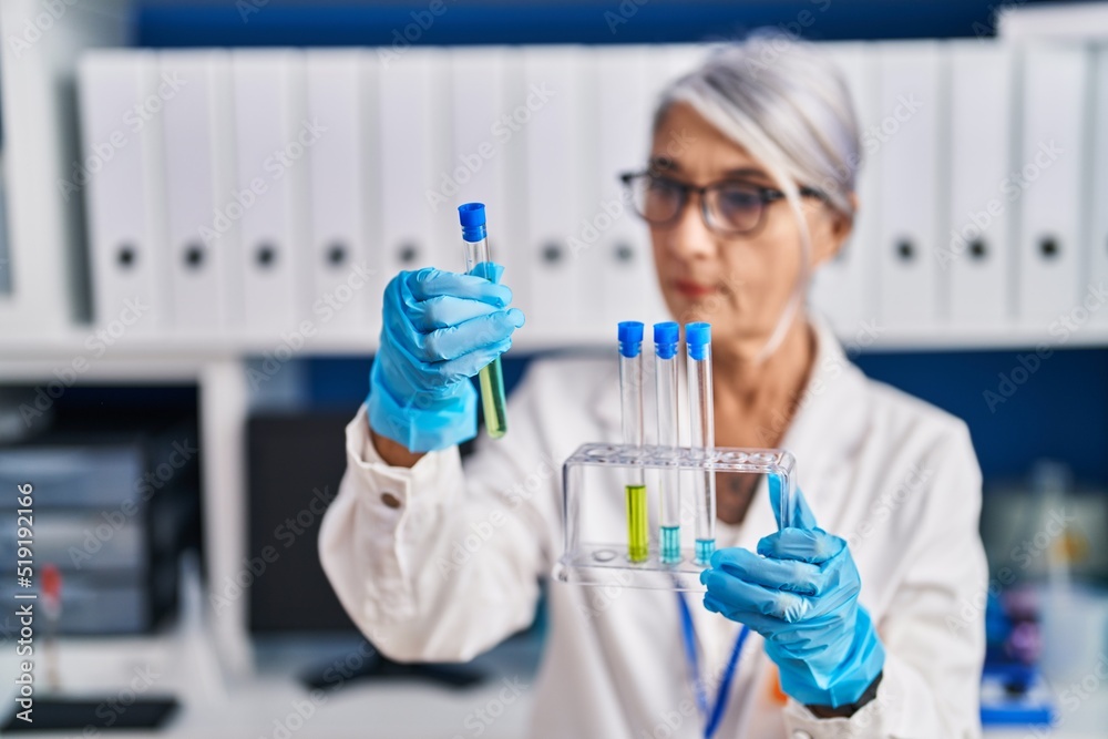 Middle age grey-haired woman scientist holding test tubes at laboratory Middle age grey-haired woman scientist holding test tubes at laboratory