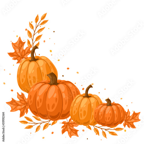 Background with pumpkins and leaves. Decorative image of autumn vegetable and plant. photo