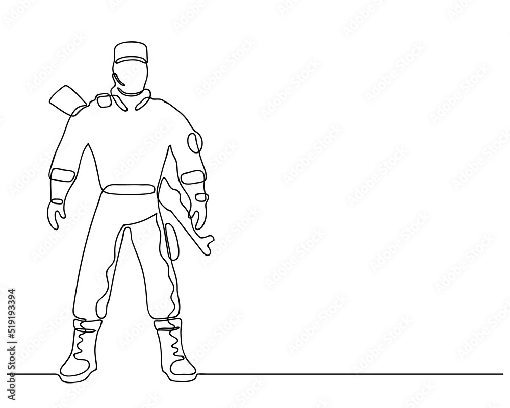 Soldier with weapons. One continuous line drawing of modern Military man with uniform. Army concept. Sketch in minimal style. Editable contour on white background. Vector Soldier with weapons. One continuous line drawing of modern Military man with uniform. Army concept. Sketch in minimal style. Editable contour on white background. Vector