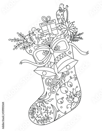 Christmas sock coloring page with gifts and flowers.