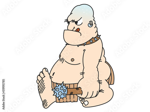 Grumpy character. A stocky plump primitive man walks with a mace in his hand.