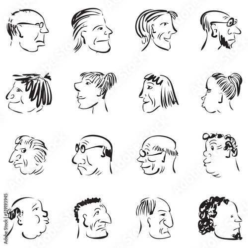 Set of outline doodle drawings of various cartoon funny profile faces