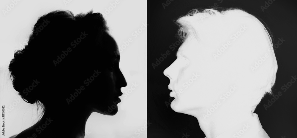 Pair couple man and woman profile portrait face to face. Family psychologist and healthy relationships concept. Understanding and patience.