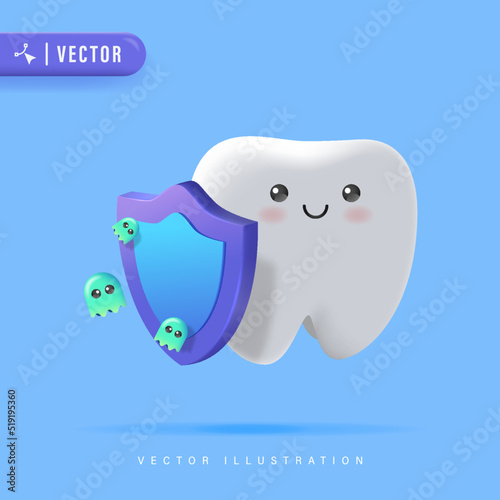 3D Realistic Healthy and Cute Tooth Cartoon Character Holding Shield from Germs and Microbe Vector Illustration.  Anti-Caries Protection Concept