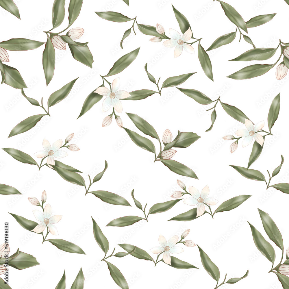 Summer pattern with oranges flowers and leaves.  Seamless texture design on whit background