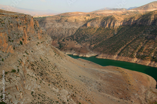 A mountain canyon and the Botan River (a tributary of the Tigris River) in a national park near the city of Siirt in the Southeast Anatolia region of Turkey